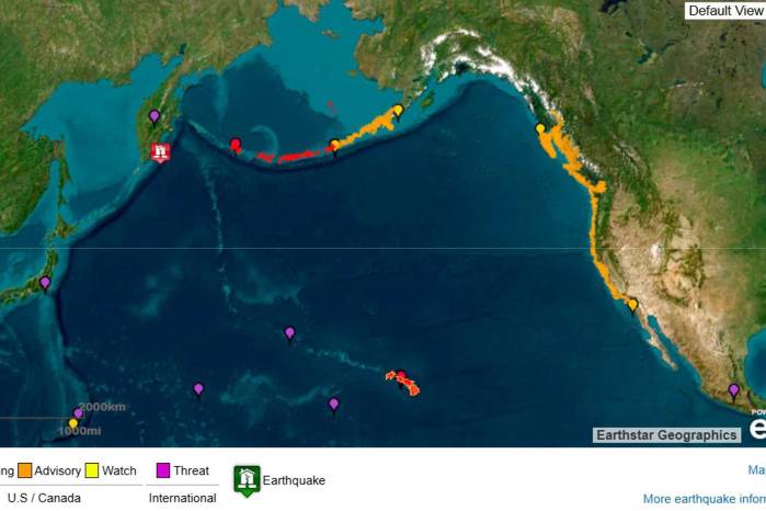 Imagen cedida por el Servicio Meteorológico Nacional de los Estados Unidos y su Sistema de Alerta de Tsunamis que muestra el punto origen del terremoto de magnitud 8,8 este martes, en la península rusa de Kamchatka (Rusia) y las posibles áreas de impacto de tsunami.