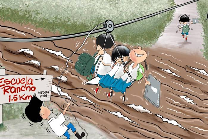 Caricatura que muestra los riesgos que viven los estudiantes de dificil acceso para llegar a sus escuelas.