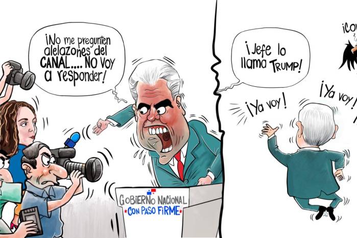 Caricatura expresando los momentos del presidente de la Repúbica,José Raúl Mulino, sobre los cuestionamientos de Estados Unidos hacia el Canal.