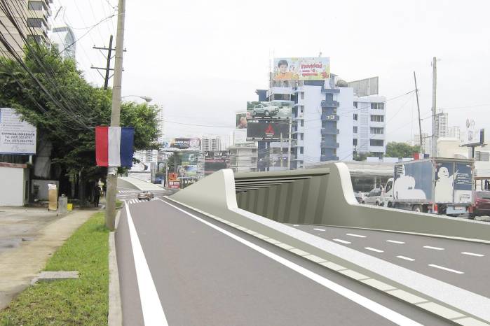 Cruces multinivel en Vía Brasil: infraestructura pensada para el automóvil que fragmenta la escala peatonal.