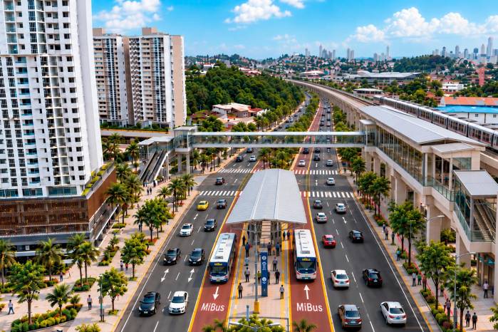 Imagen ilustrativa modificada con inteligencia artificial en el entorno Estación El Bosque. Representa una interpretación de la estación de metro y propuesta conceptual de carriles exclusivos para autobuses. No corresponde a un diseño oficial del proyecto.