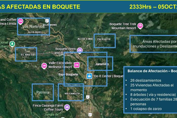 Mapa de zonas afectadas en la provincia de Chiriquí por las intensas lluvias del fin de semana.
