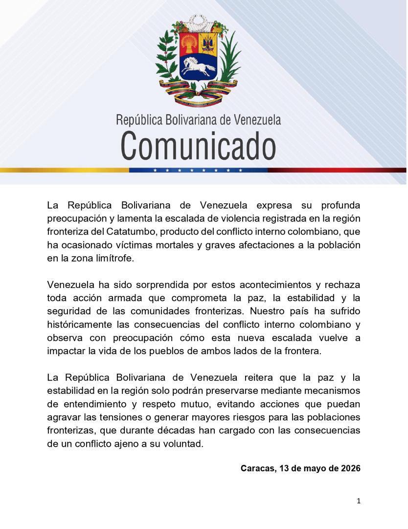 Venezuela expresa preocupación por violencia en Catatumbo