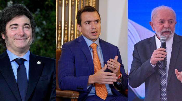 Combo de fotografías de archivo donde aparecen el presidente de Argentina, Javier Milei (i); el presidente de Ecuador, Daniel Noboa (c), y el presidente de Brasil, Luiz Inácio Lula da Silva.