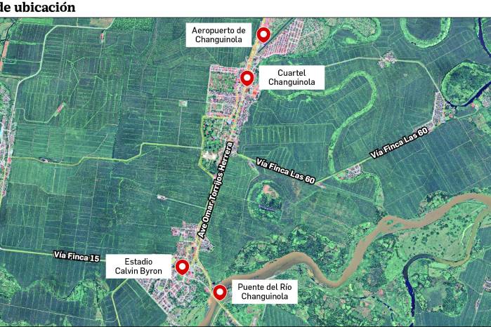 Mapa de la ciudad de Changuinola con los tres puntos donde se distribuyó la presencia de la fuerza pública.