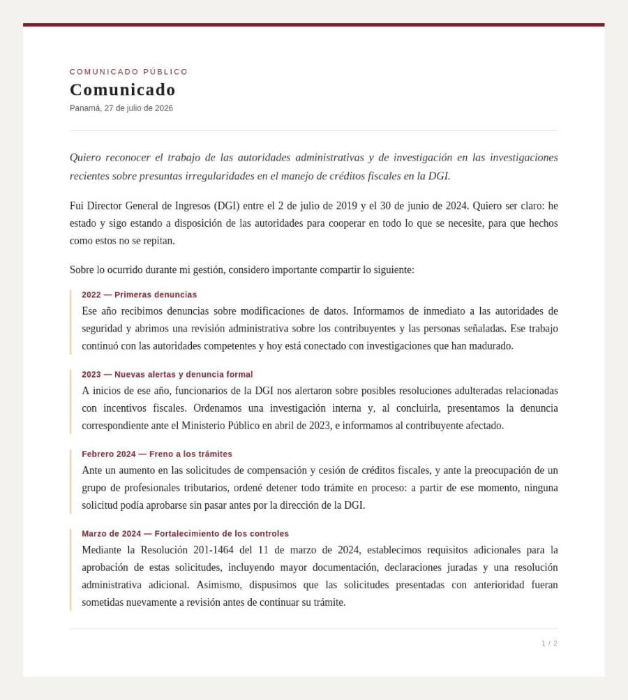 Caso Pandora: Exdirector de la DGI detalla cómo fue el fraude en créditos fiscales desde 2022