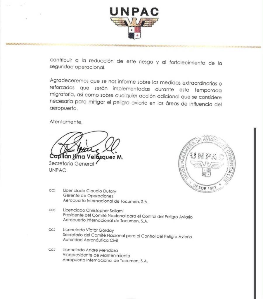 La carta gremial dirigida a la Gerencia General de Tocumen ingresó en septiembre de 2026.