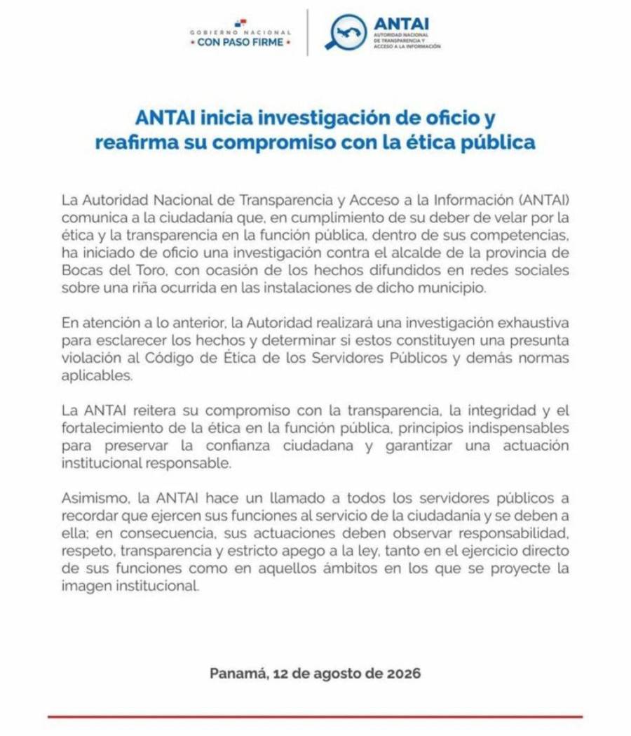 Antai investiga al alcalde de Bocas del Toro por riña en municipio