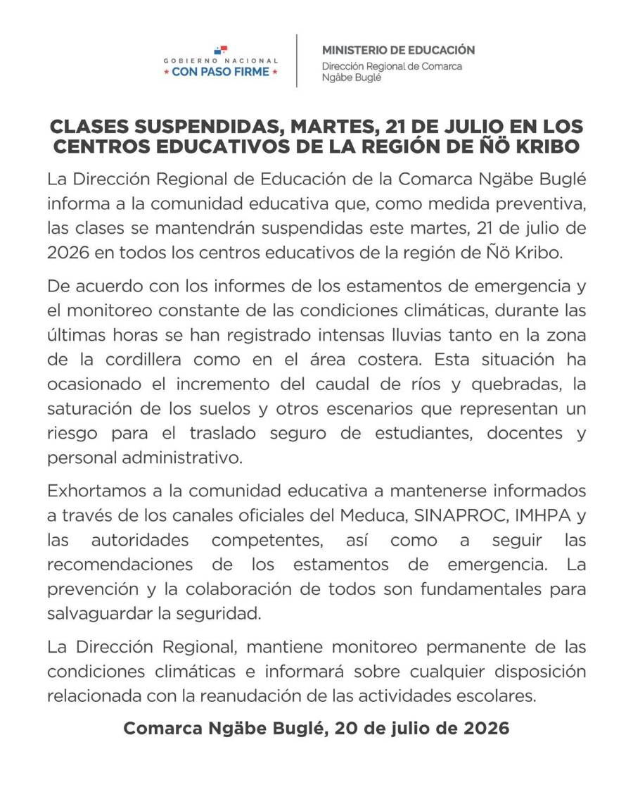 Meduca suspende clases en Ñö Kribo este martes por fuertes lluvias
