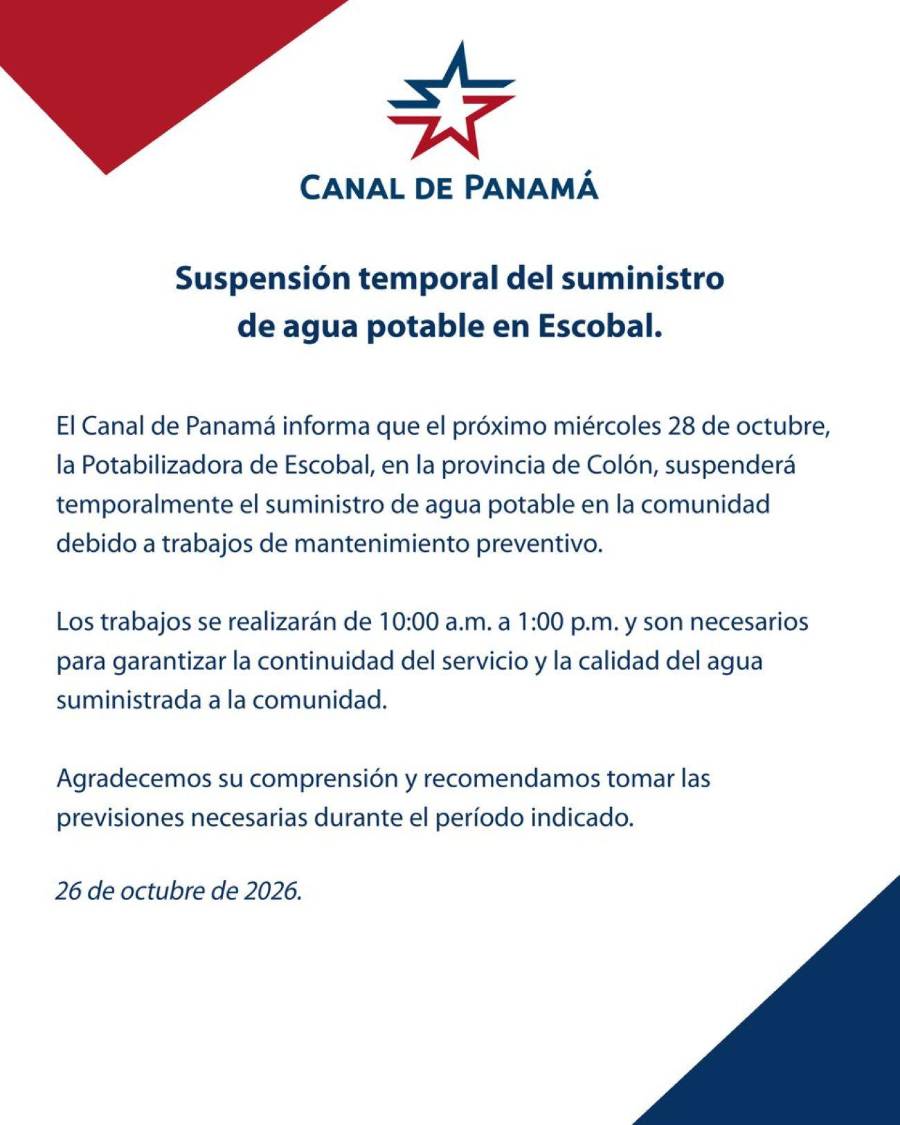 Potabilizadora de Escobal detendrá operaciones por tres horas este miércoles