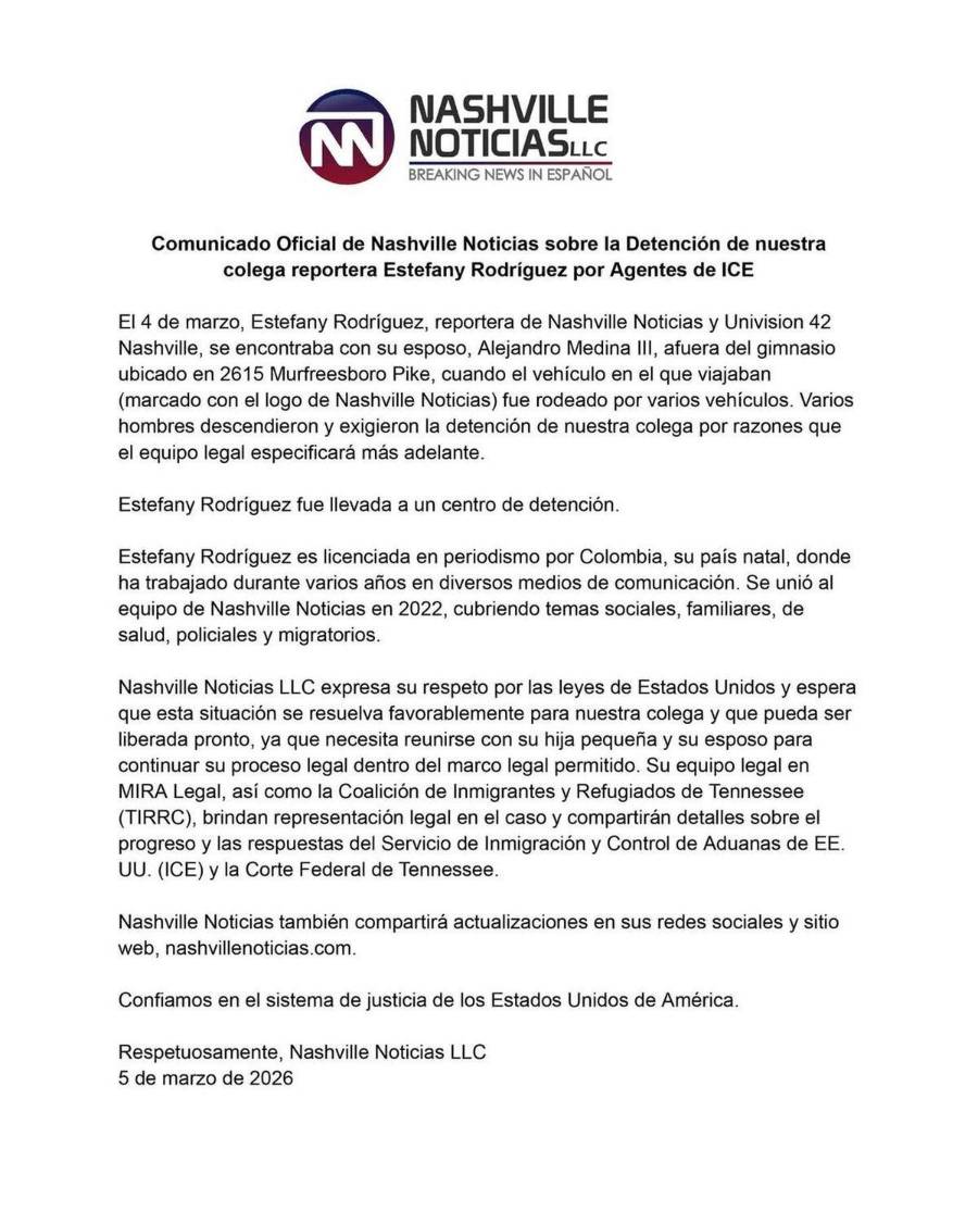 Comunicado de prensa de la Nashville Noticias donde solicitan la liberación de la periodista colombiana.
