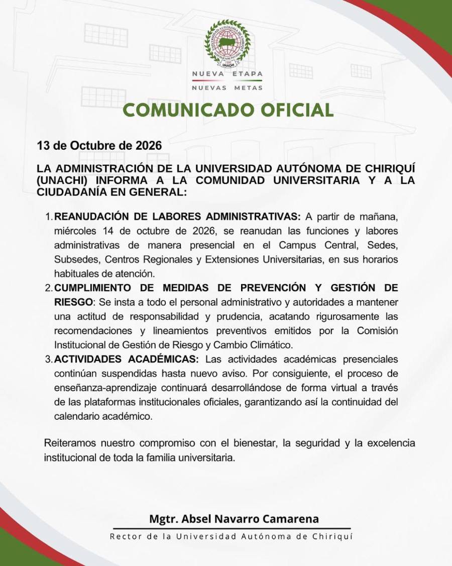 Comunicado de la Unachi, luego de que la Comisión Institucional de Gestión de Riesgo y Cambio Climático estableció lineamientos preventivos para la casa de estudios superiores.