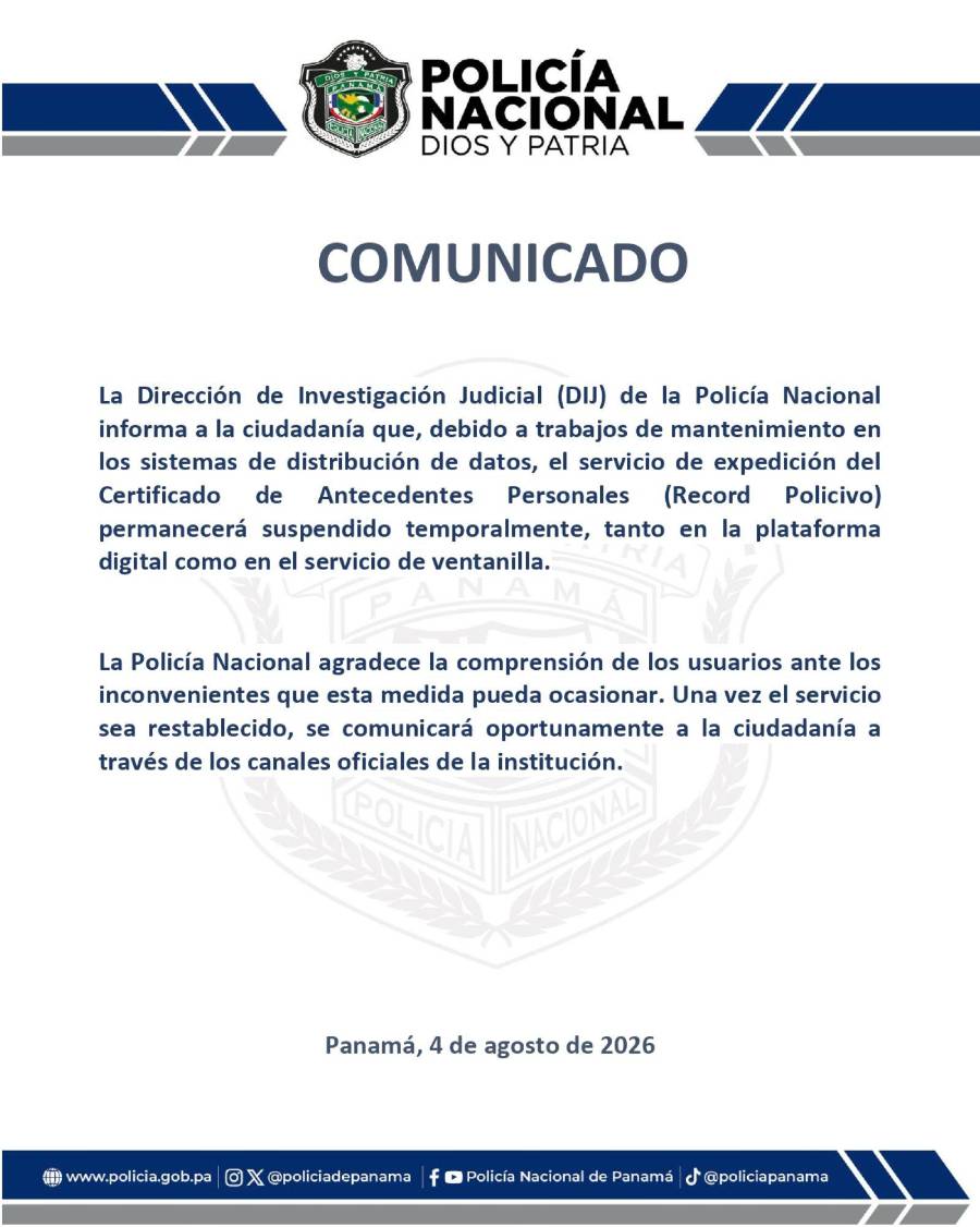 La DIJ suspende la emisión del récord policivo en ventanillas y plataforma digital