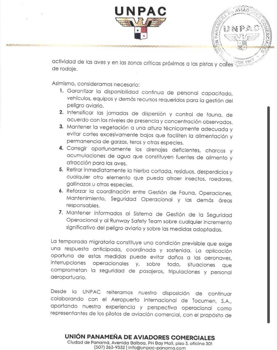La carta gremial dirigida a la Gerencia General de Tocumen ingresó en septiembre de 2026.