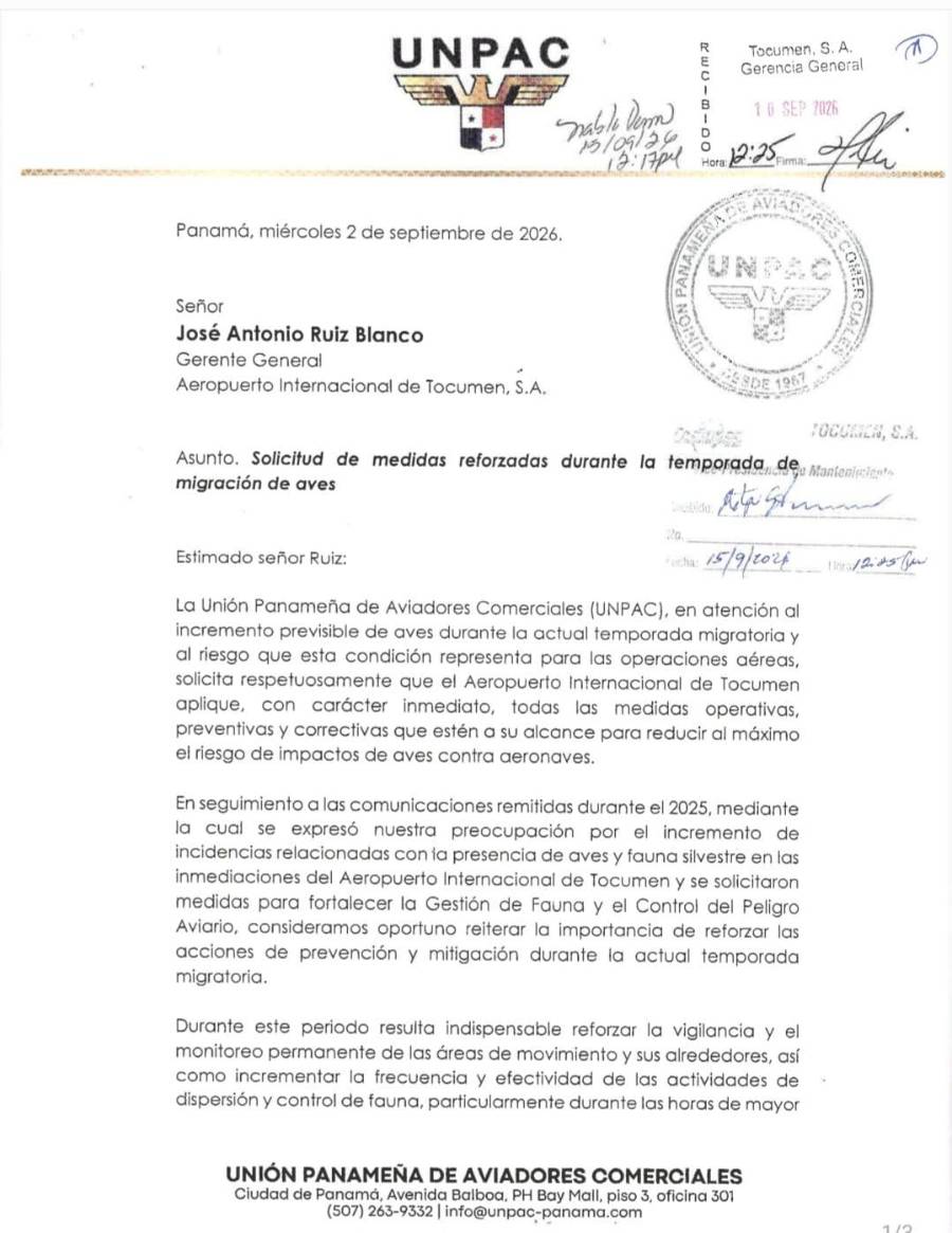 La carta gremial dirigida a la Gerencia General de Tocumen ingresó en septiembre de 2026.