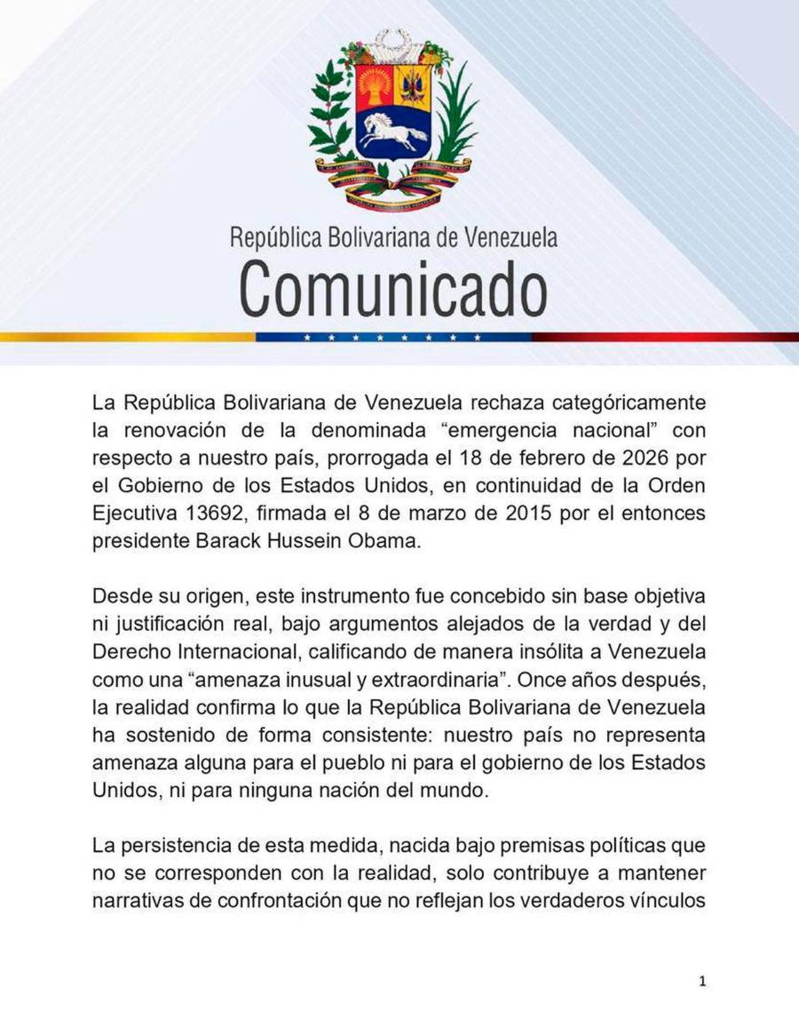 Venezuela condena renovación de emergencia de Estados Unidos tras operación política