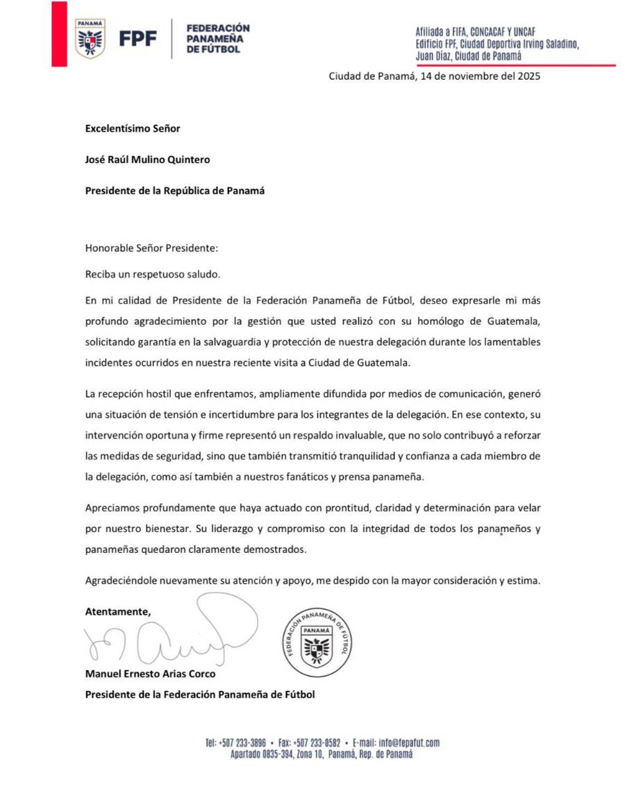 Carta de la Fepafut enviada al presidente de la República de Panamá, José Raúl Mulino.