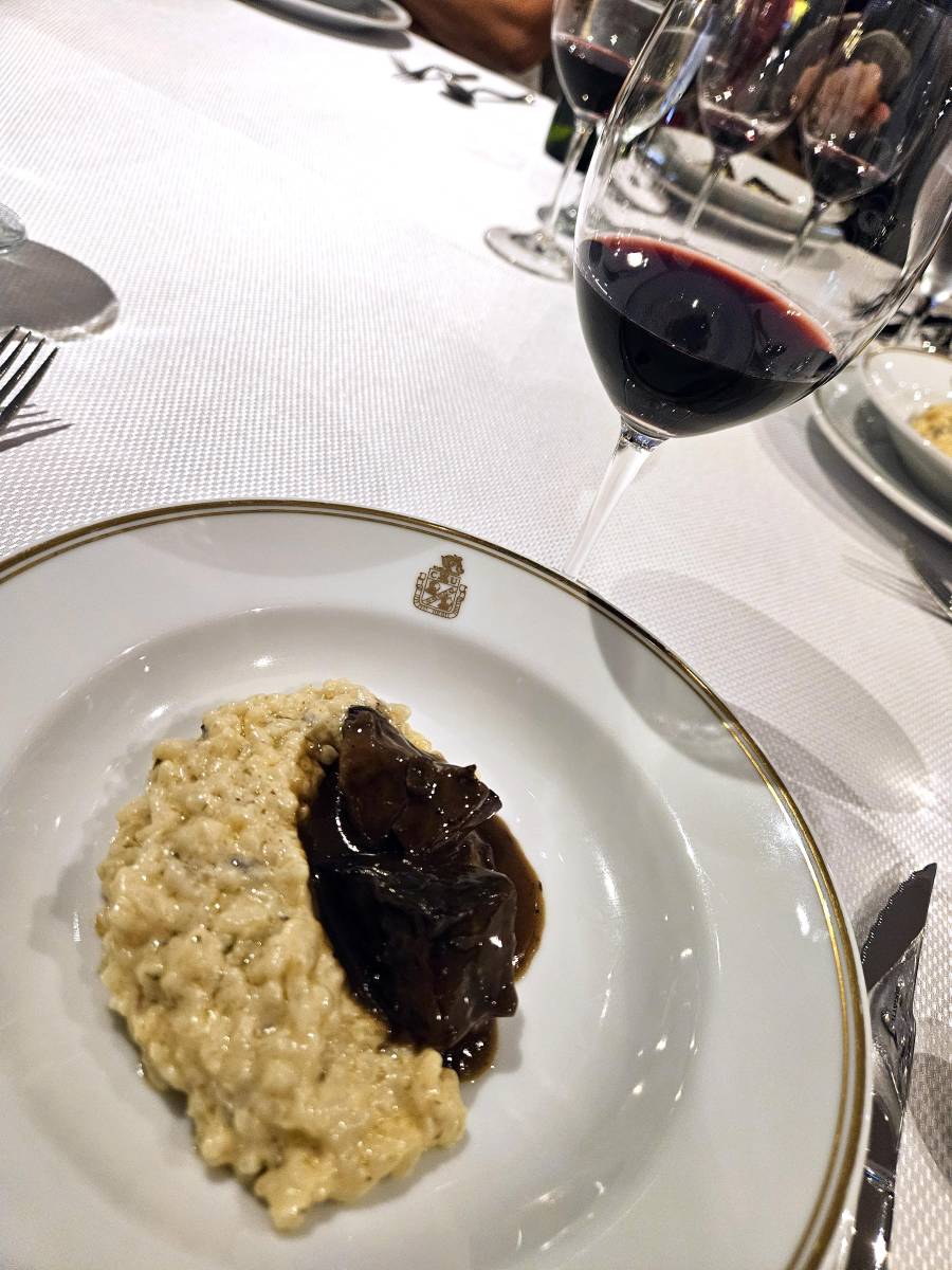 Risotto de hongos y short rib con melosa de miel y romero.