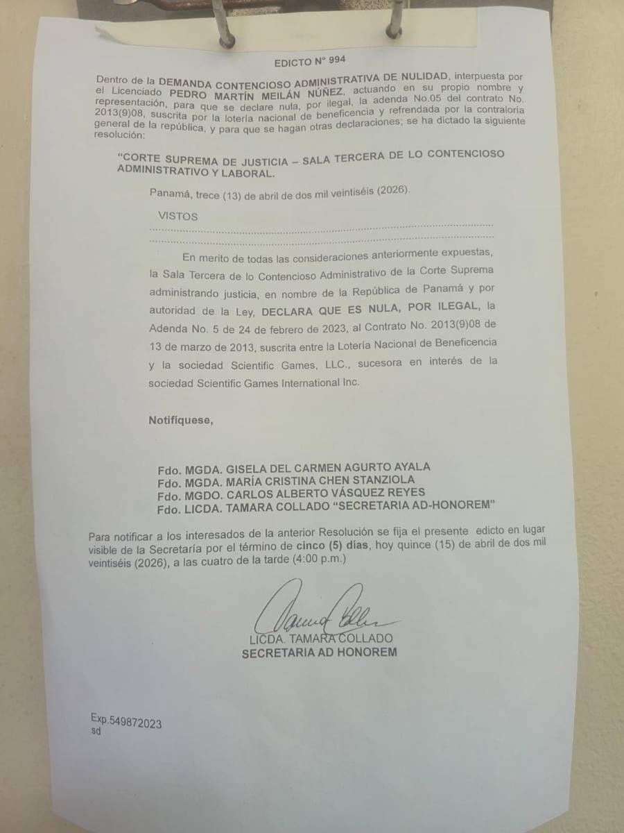 El Edicto 994 para notificar a las partes fue fijado el día de ayer 15 de abril, por 5 días.