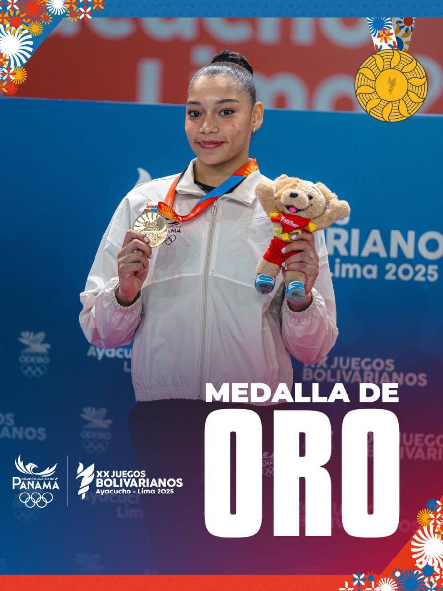 Alyiah Lide De León con su medalla de oro alcanzada en la prueba General Individual de los XX Juegos Bolivarianos Ayacucho-Lima 2025.