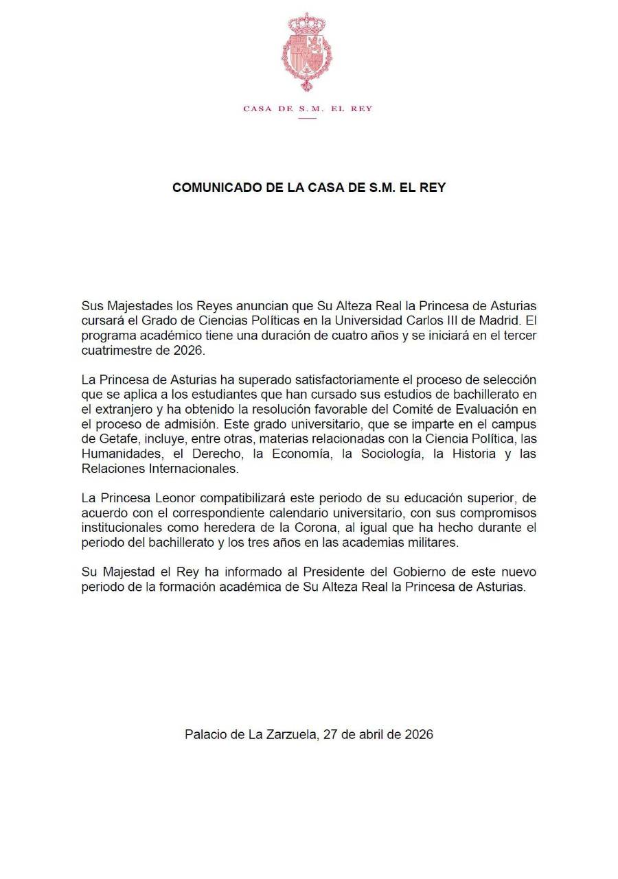 Comunicado oficial sobre la carrera que cursará su alteza real la princesa de Asturias, Leonor de Borbón.