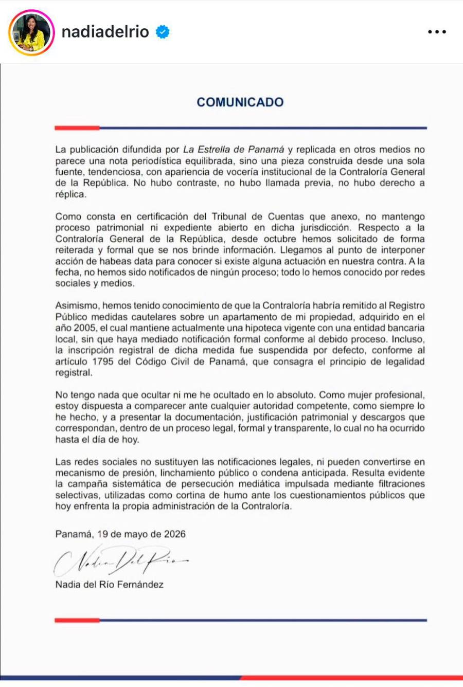 Comunicado publicado por Nadia del Río Fernández tras la divulgación de medidas precautorias ordenadas mediante la Resolución N.° 1237-2026-LEG/UA de la Contraloría General de la República.