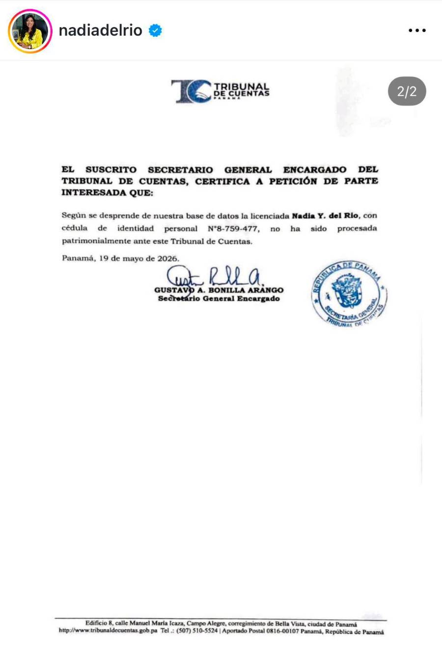 Nadia del Río Fernández difundió un comunicado en el que cuestiona las medidas cautelares divulgadas por la Contraloría y denuncia una supuesta “campaña sistemática de persecución mediática”.