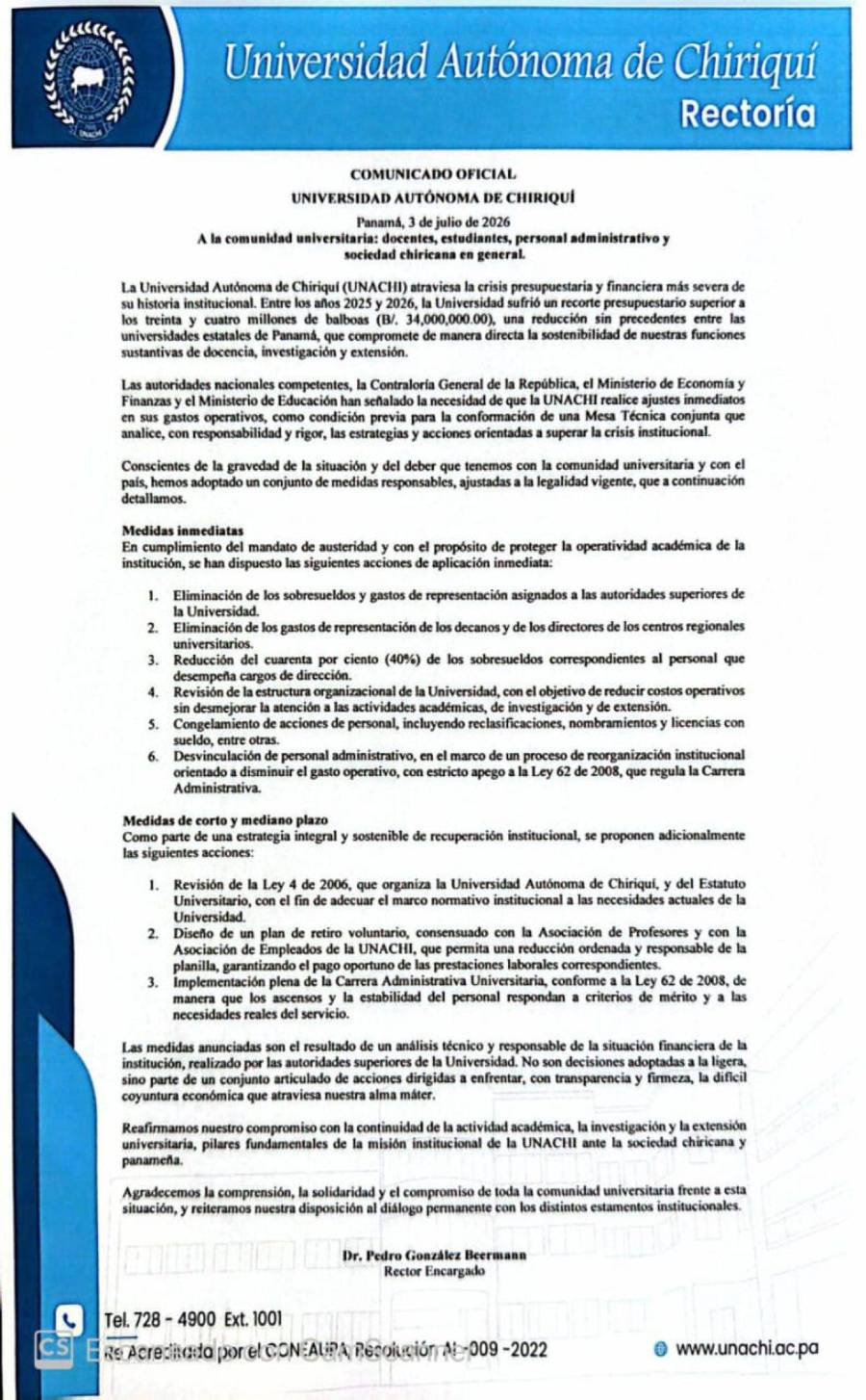 Unachi recorta sobresueldos y despedirá personal ante histórica crisis de $34 millones