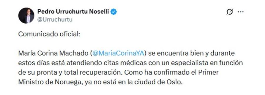 Mensaje sobre la salida de María Corina Machado de Oslo.