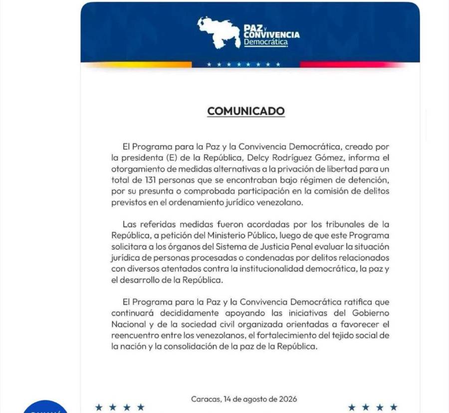 Venezuela otorga medidas sustitutivas a 131 detenidos