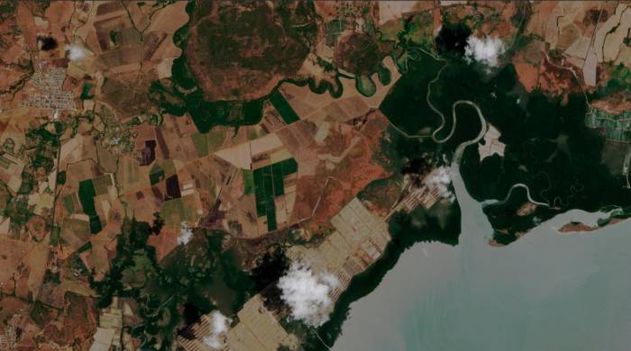 En esta imagen de satélite Sentinel, el sector de humedales de Aguadulce. Hasta el 90% de los estanques para acuicultura del país se verá afectado por el aumento del nivel del mar de acuerdo con las proyecciones publicadas por MiAmbiente el año pasado.