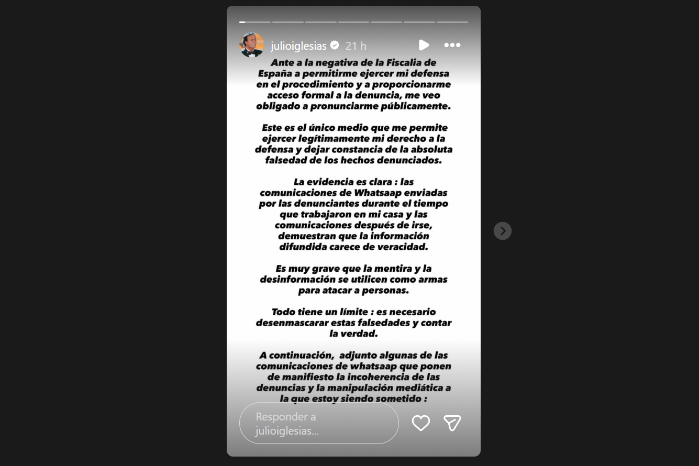 Julio Iglesias exhibe mensajes y habla de “incoherencia” en las acusaciones
